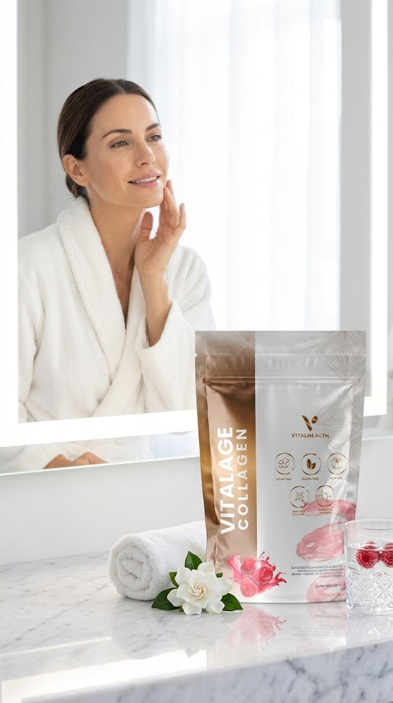 Mujer de 45 años de piel radiante cuidándose con VITALAGE COLLAGEN en el tocador