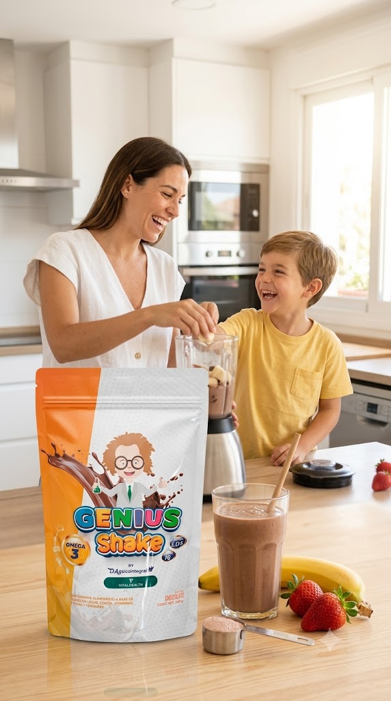Madre e hijo sanos y sonrientes preparando un batido con GENIUS SHAKE