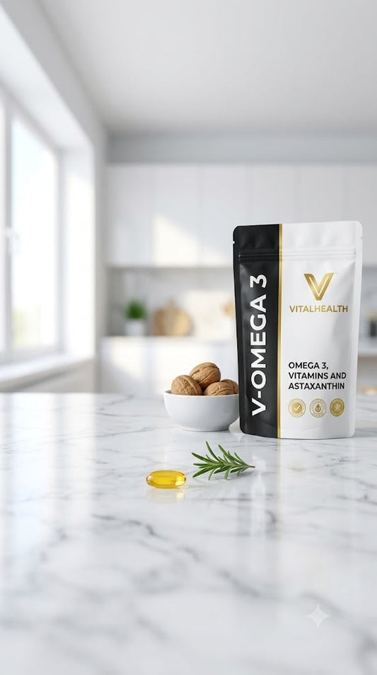Bodegón luminoso del complemento V-OMEGA 3 con nueces y romero sobre mármol